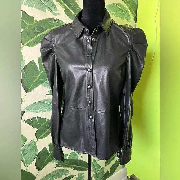 BLANKNYC Faux Leather Puff Sleeve button Down Shirt M NWT - Picture 2 of 9